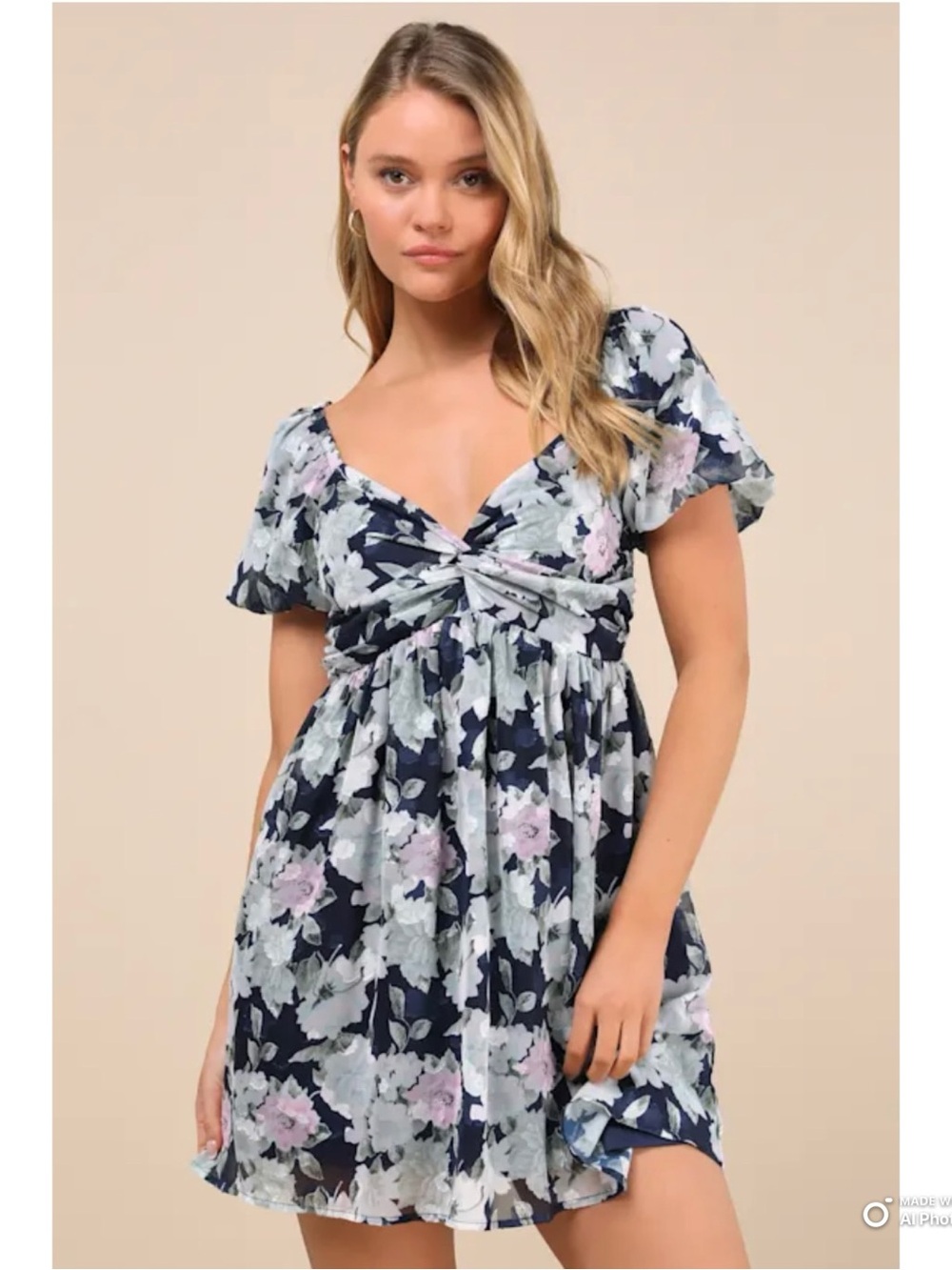 Lulus Medium Fresh Florals Navy Blue Floral Print Puff Sleeve Mini Dress NWT